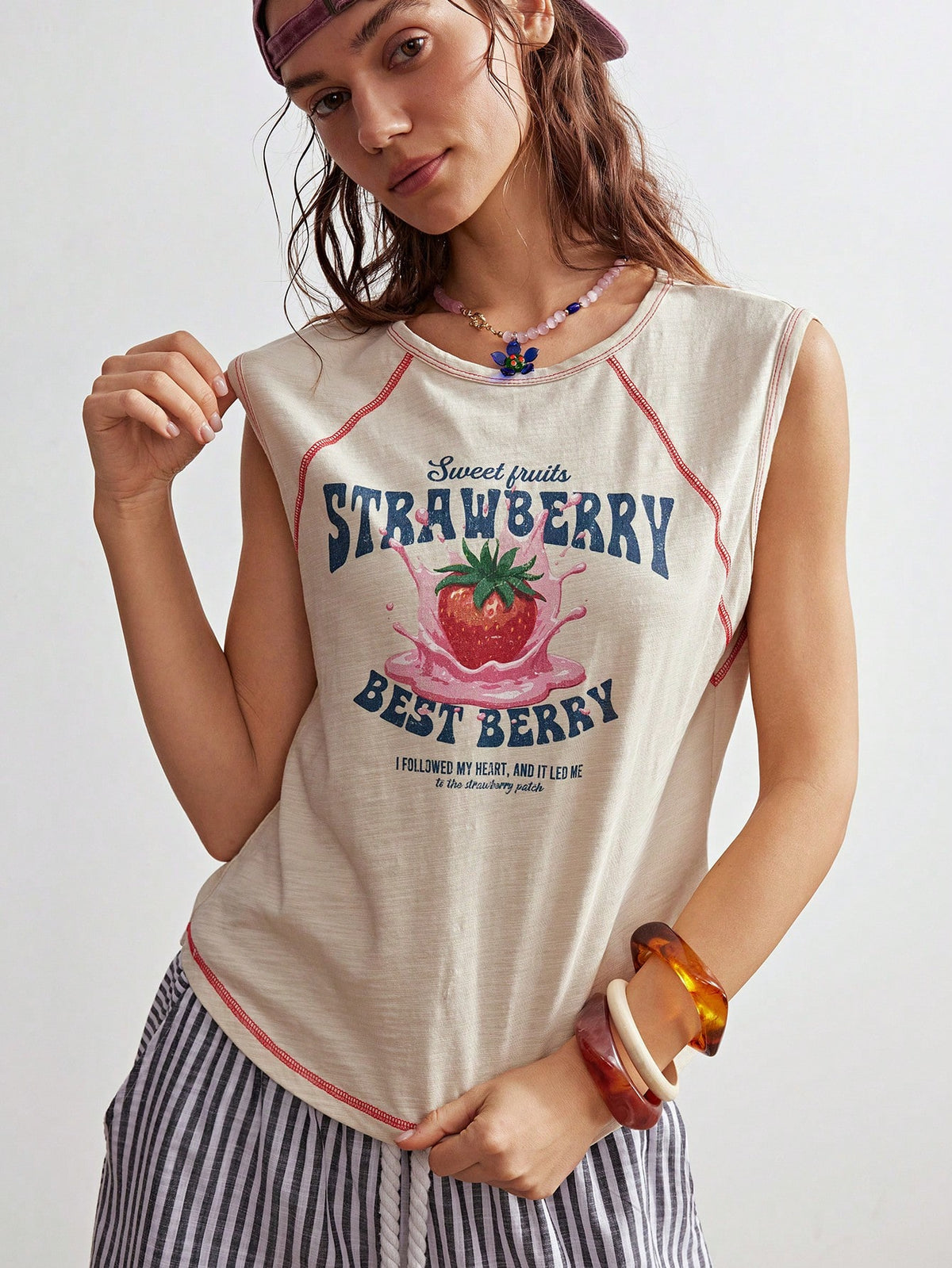 Bohemela Women's Cute Beige Summer Vacation Y2K Bohemian Retro Strawberry Print Crochet Color Block Knit Texture Crew Neck T-Shirt,Casual Relaxed Basic Tops