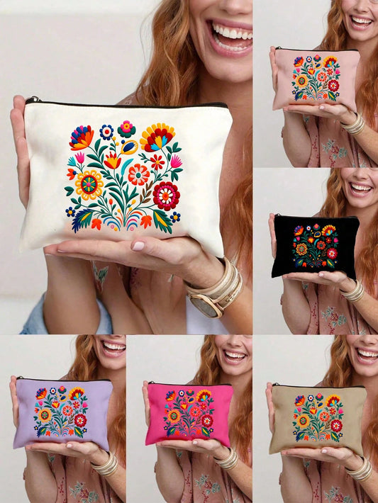 Bohemian Vintage Floral Print Zipper Makeup Bag, Women's Multifunctional Storage Pouch, Cosmetic Organizer Bag, Simple Large Capacity Zipper Makeup Bag, Portable Casual Bag, Multifunctional Gift Bag.