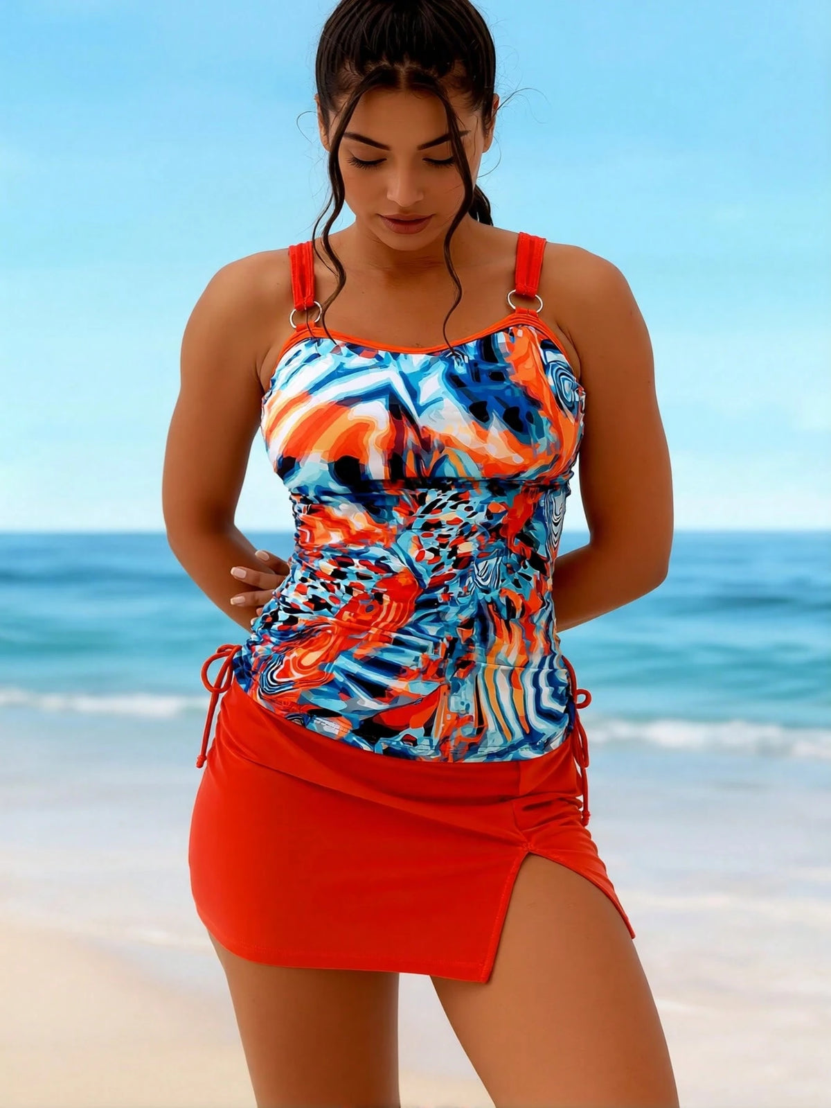 Boho Sleeveless Swim Dress For Women, Knitted Fabric Straps Tankini Top With Abstract Print And Short Skirt Bottom, Perfect For Summer Beach Trips