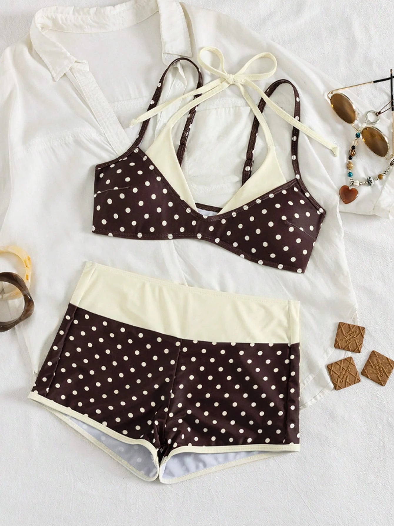 Bonvoyette New Arrival Spring/Summer American Retro Pink & Blue Cartoon Dopamine Sardine Print Halter Two-Piece Swimwear 2pcs Set