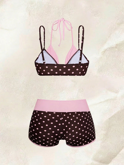 Bonvoyette New Arrival Spring/Summer American Retro Pink & Blue Cartoon Dopamine Sardine Print Halter Two-Piece Swimwear 2pcs Set