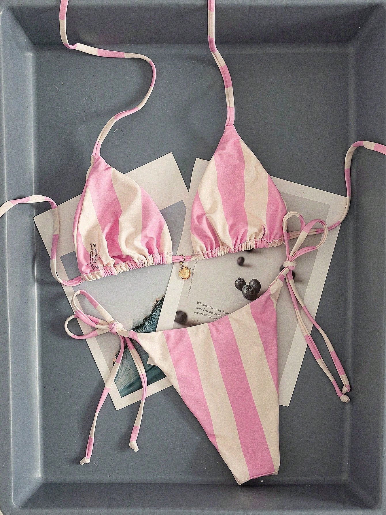 Bonvoyette New Sweet Girl Pink & White Vertical Striped Bikini With Shell Decor Triangle Cup Tie Swimwear 2 Pieces Set, Spring/Summer