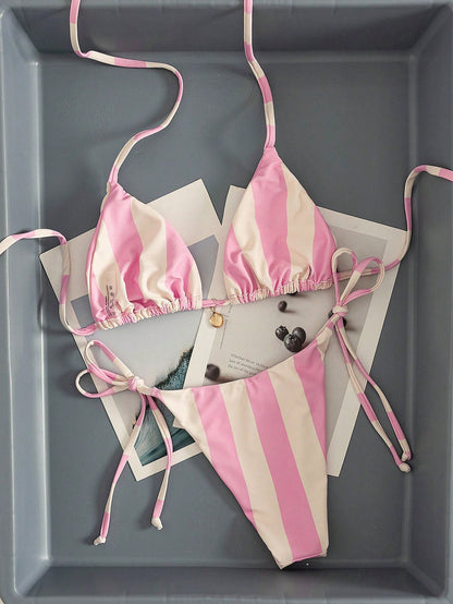 Bonvoyette New Sweet Girl Pink & White Vertical Striped Bikini With Shell Decor Triangle Cup Tie Swimwear 2 Pieces Set, Spring/Summer