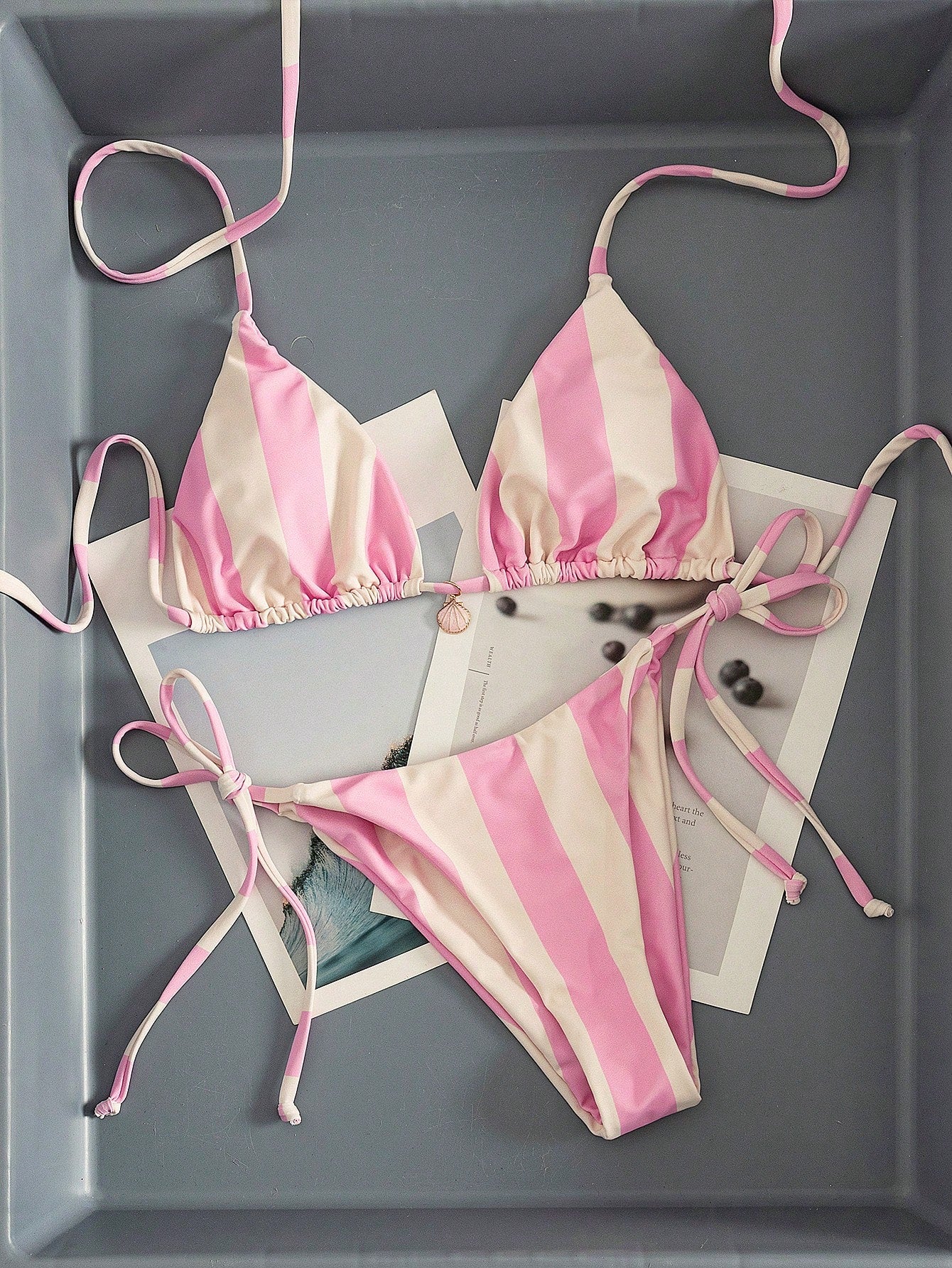 Bonvoyette New Sweet Girl Pink & White Vertical Striped Bikini With Shell Decor Triangle Cup Tie Swimwear 2 Pieces Set, Spring/Summer