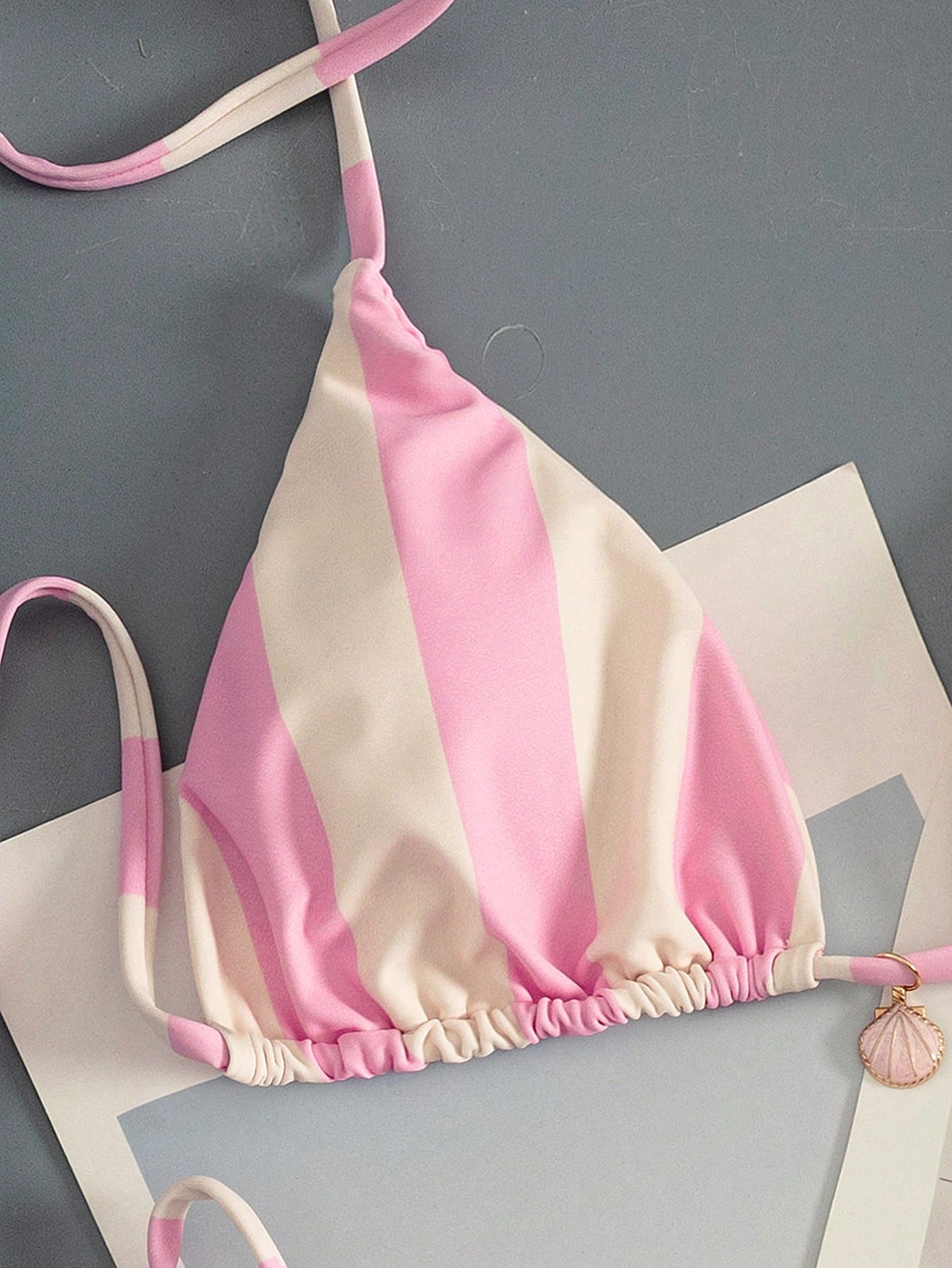 Bonvoyette New Sweet Girl Pink & White Vertical Striped Bikini With Shell Decor Triangle Cup Tie Swimwear 2 Pieces Set, Spring/Summer
