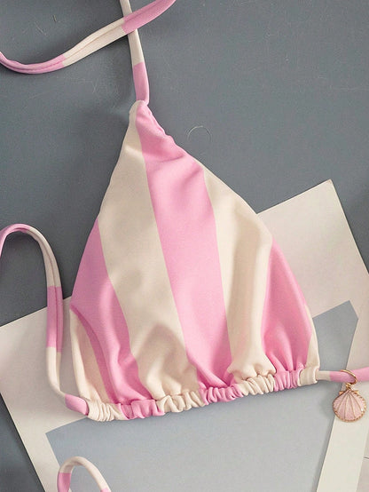Bonvoyette New Sweet Girl Pink & White Vertical Striped Bikini With Shell Decor Triangle Cup Tie Swimwear 2 Pieces Set, Spring/Summer