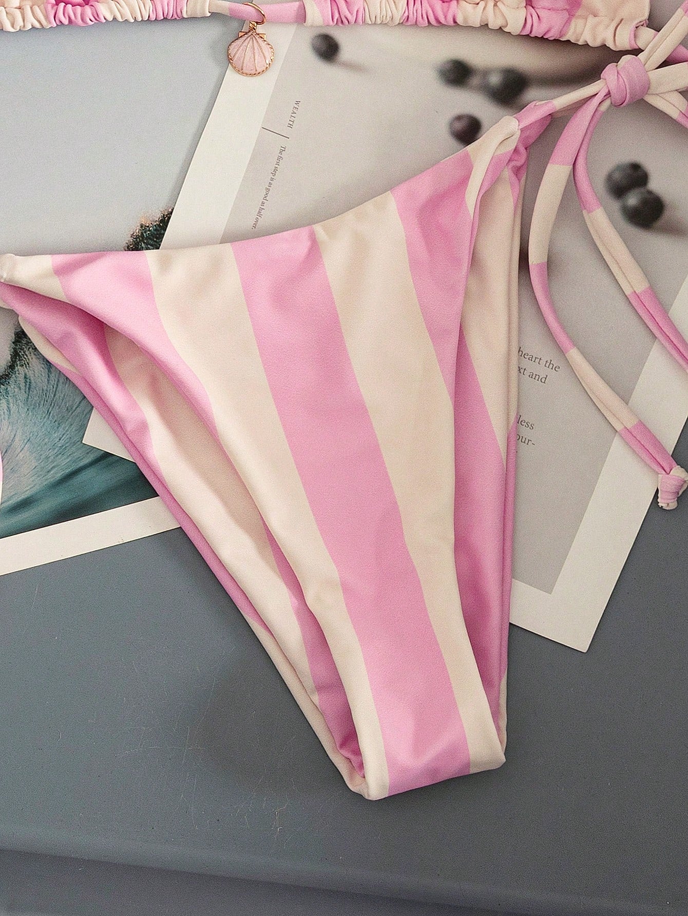 Bonvoyette New Sweet Girl Pink & White Vertical Striped Bikini With Shell Decor Triangle Cup Tie Swimwear 2 Pieces Set, Spring/Summer