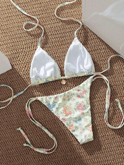 Bonvoyette New Sweet Girl Pink & White Vertical Striped Bikini With Shell Decor Triangle Cup Tie Swimwear 2 Pieces Set, Spring/Summer