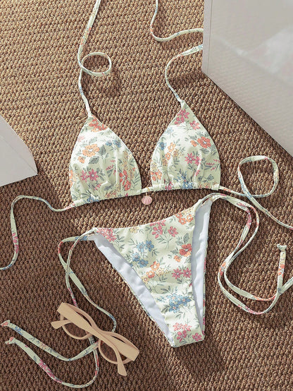 Bonvoyette New Sweet Girl Pink & White Vertical Striped Bikini With Shell Decor Triangle Cup Tie Swimwear 2 Pieces Set, Spring/Summer