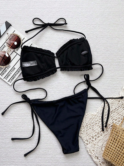 Bonvoyette Summer Beach Ruched Frill Tie Side Bikini