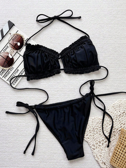 Bonvoyette Summer Beach Ruched Frill Tie Side Bikini