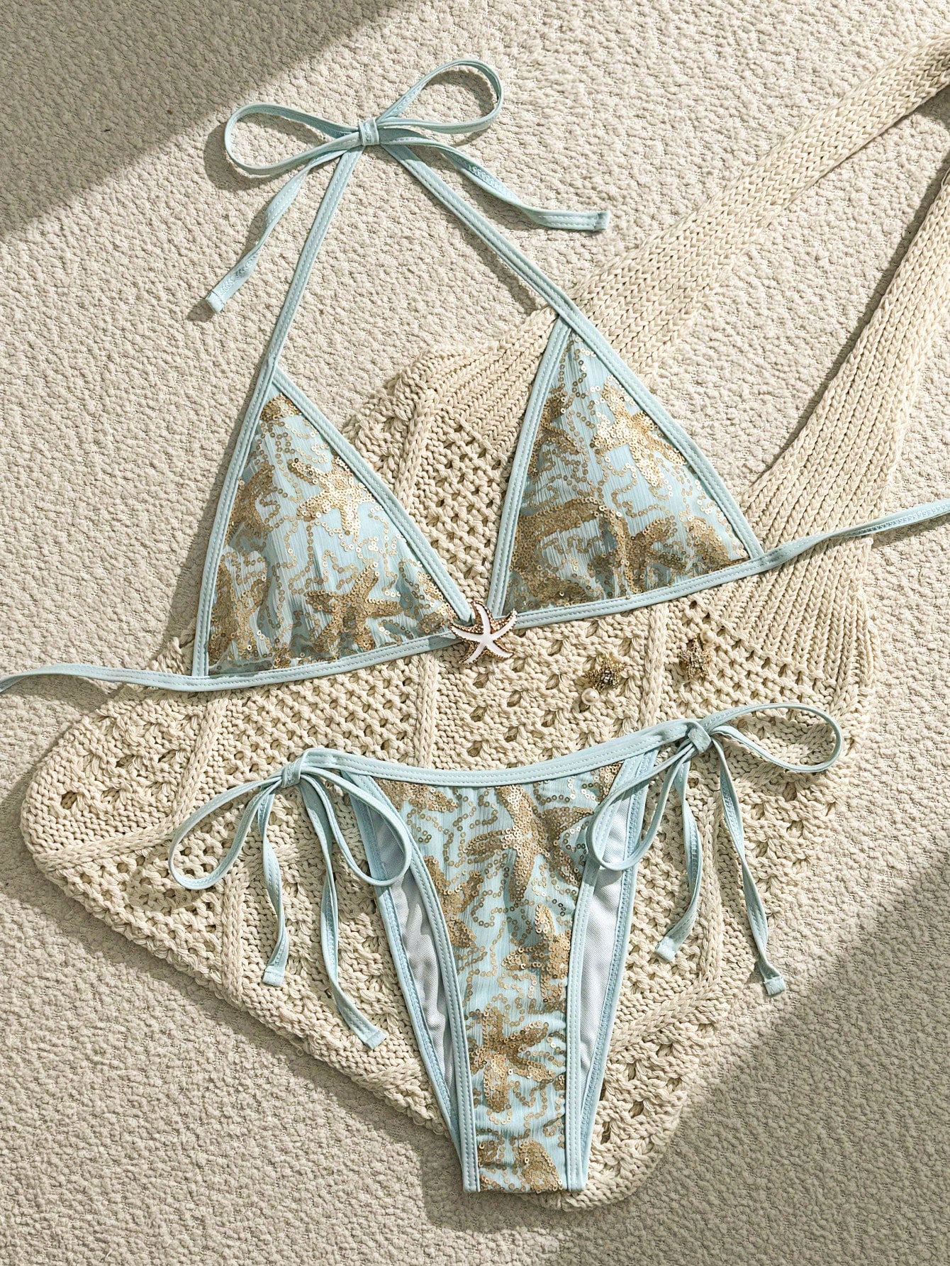 Bonvoyette Summer Spring New Solid Champagne Color High-End Embroidery Sequin Glitter Viral Party Afternoon Tea Gather Sexy High Cut Side Tie Bikini Two Pieces Women's Swimsuit Set