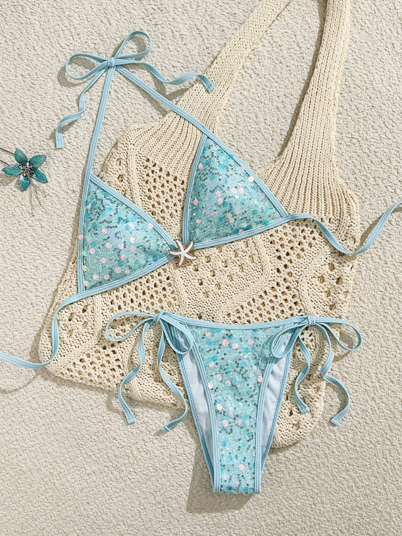 Bonvoyette Summer Spring New Solid Champagne Color High-End Embroidery Sequin Glitter Viral Party Afternoon Tea Gather Sexy High Cut Side Tie Bikini Two Pieces Women's Swimsuit Set
