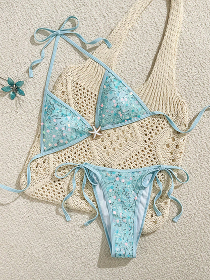 Bonvoyette Summer Spring New Solid Champagne Color High-End Embroidery Sequin Glitter Viral Party Afternoon Tea Gather Sexy High Cut Side Tie Bikini Two Pieces Women's Swimsuit Set