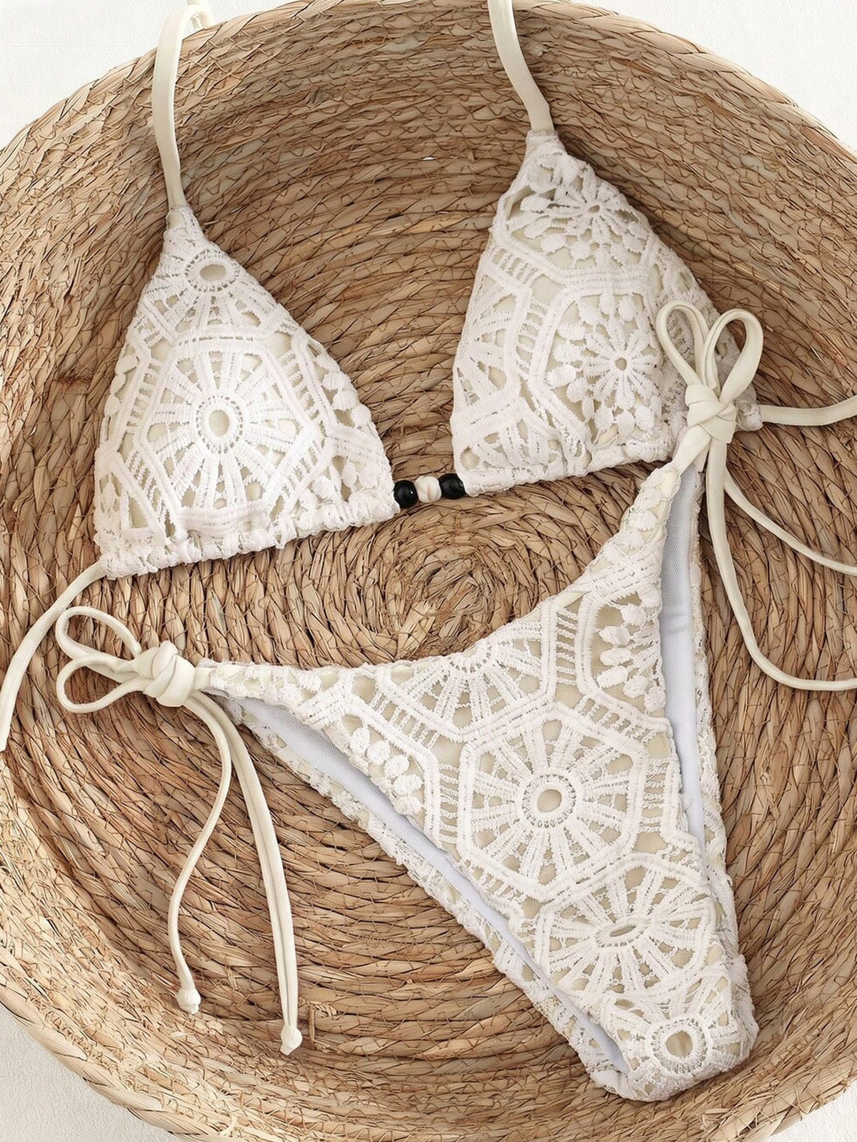 Bonvoyette Women's 2-Piece White Crochet Lace Triangle Bikini Set,Boho Halter Neck Swim Top,High Cut Thong Bathing Suit,Summer Holiday Pool Party Spice Swimwear