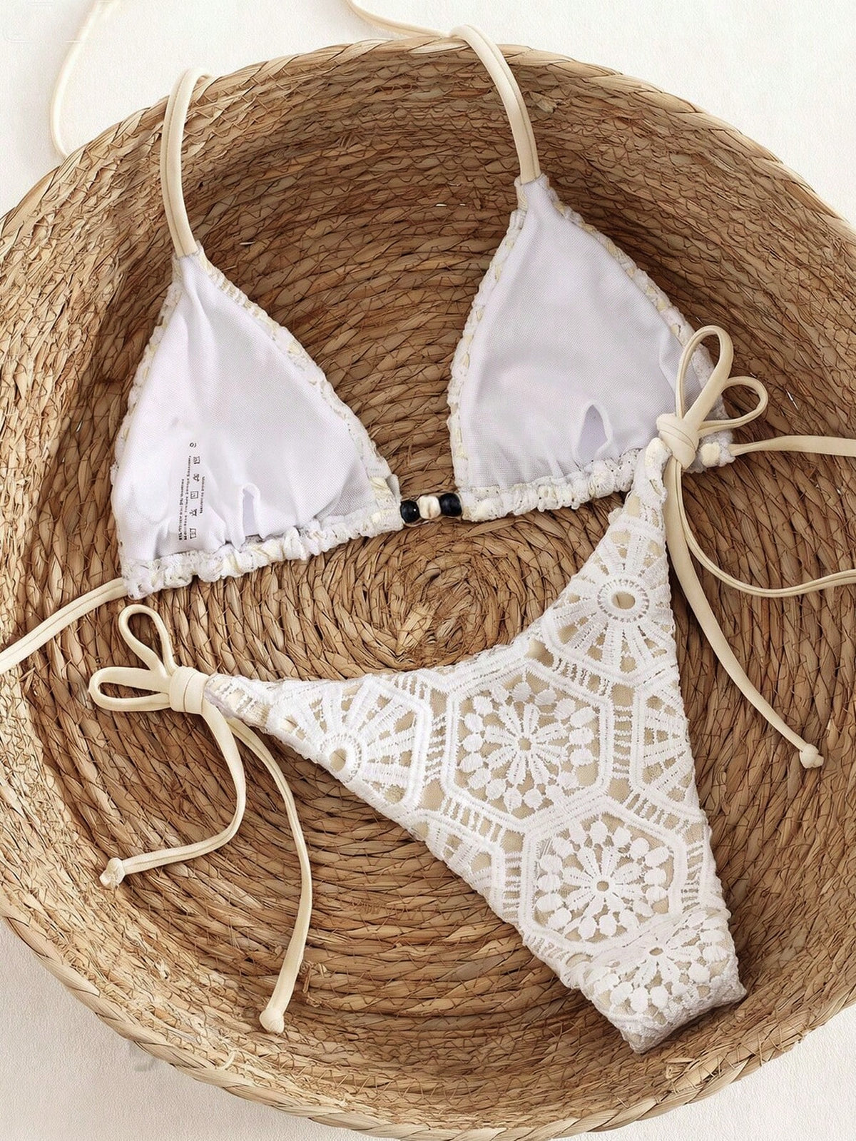 Bonvoyette Women's 2-Piece White Crochet Lace Triangle Bikini Set,Boho Halter Neck Swim Top,High Cut Thong Bathing Suit,Summer Holiday Pool Party Spice Swimwear