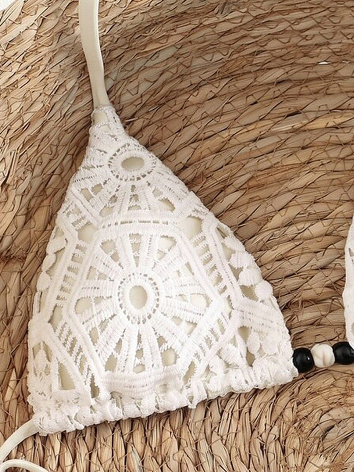 Bonvoyette Women's 2-Piece White Crochet Lace Triangle Bikini Set,Boho Halter Neck Swim Top,High Cut Thong Bathing Suit,Summer Holiday Pool Party Spice Swimwear