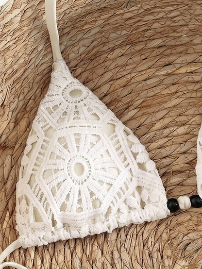 Bonvoyette Women's 2-Piece White Crochet Lace Triangle Bikini Set,Boho Halter Neck Swim Top,High Cut Thong Bathing Suit,Summer Holiday Pool Party Spice Swimwear