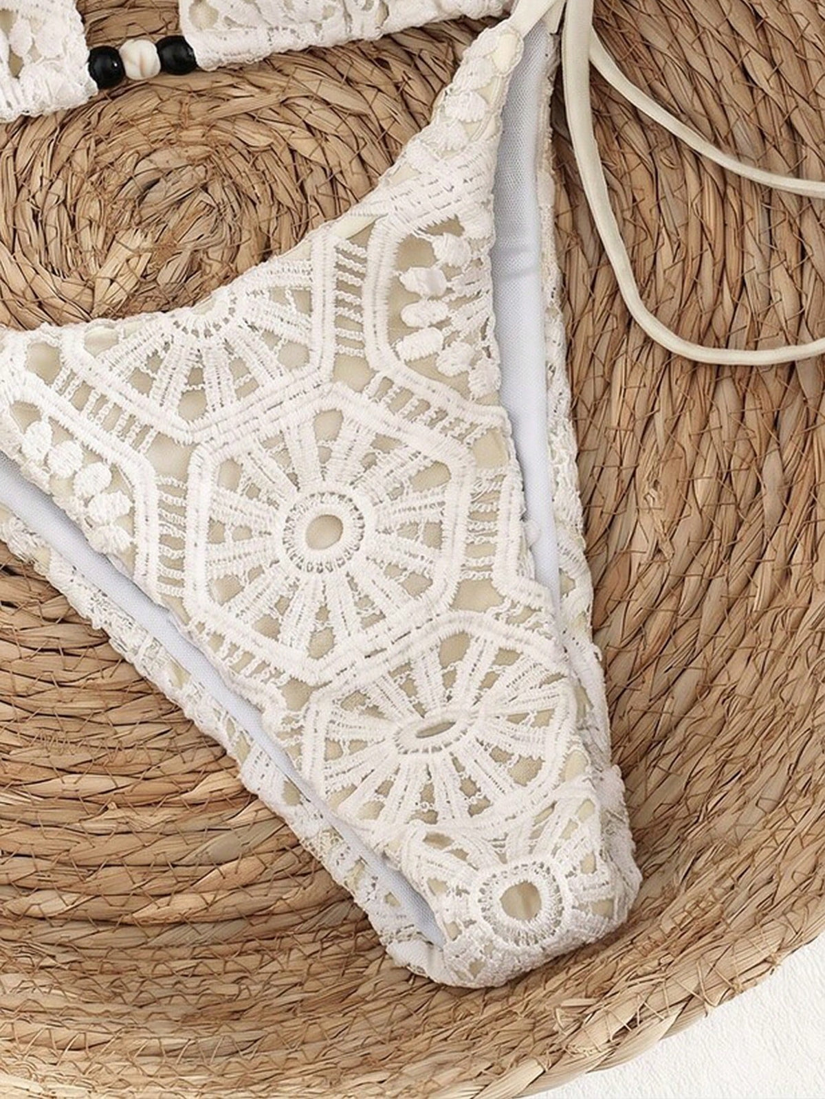 Bonvoyette Women's 2-Piece White Crochet Lace Triangle Bikini Set,Boho Halter Neck Swim Top,High Cut Thong Bathing Suit,Summer Holiday Pool Party Spice Swimwear