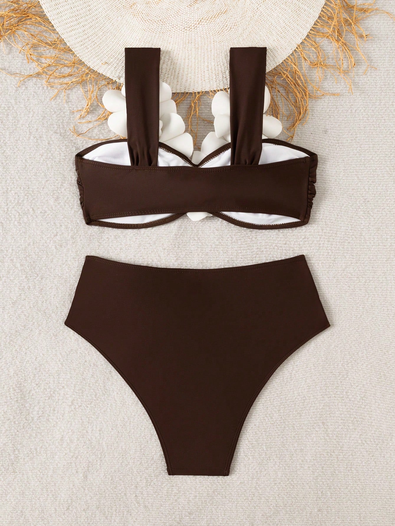 Bonvoyette Women's Brown 3D Floral Bikini,Wireless 2-Piece Set Swimwear For Summer,Tropical Beach,Holiday,Vacation,Holiday Party Pool New Year Elegant Set