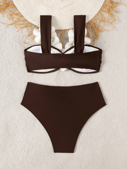 Bonvoyette Women's Brown 3D Floral Bikini,Wireless 2-Piece Set Swimwear For Summer,Tropical Beach,Holiday,Vacation,Holiday Party Pool New Year Elegant Set
