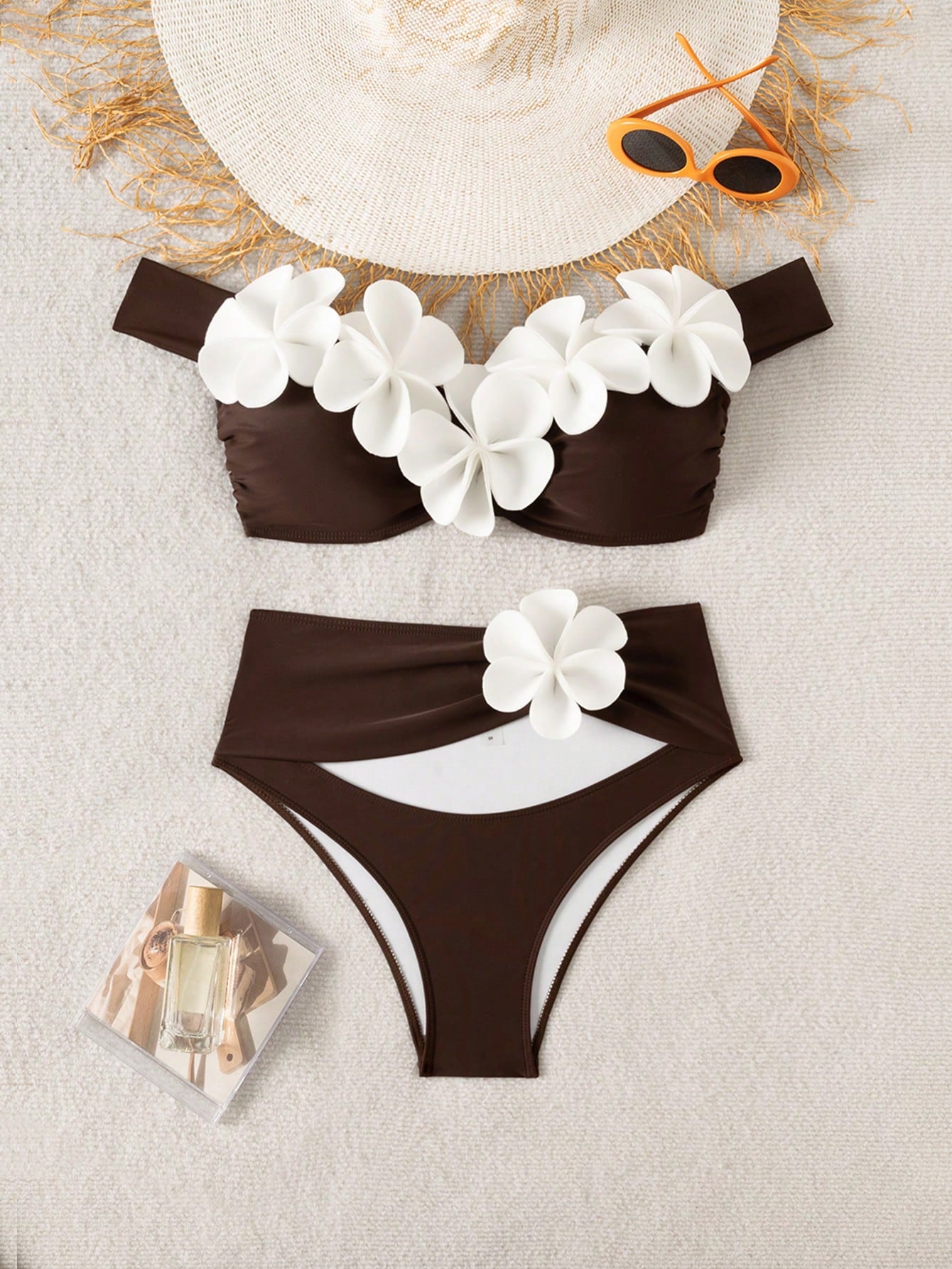 Bonvoyette Women's Brown 3D Floral Bikini,Wireless 2-Piece Set Swimwear For Summer,Tropical Beach,Holiday,Vacation,Holiday Party Pool New Year Elegant Set