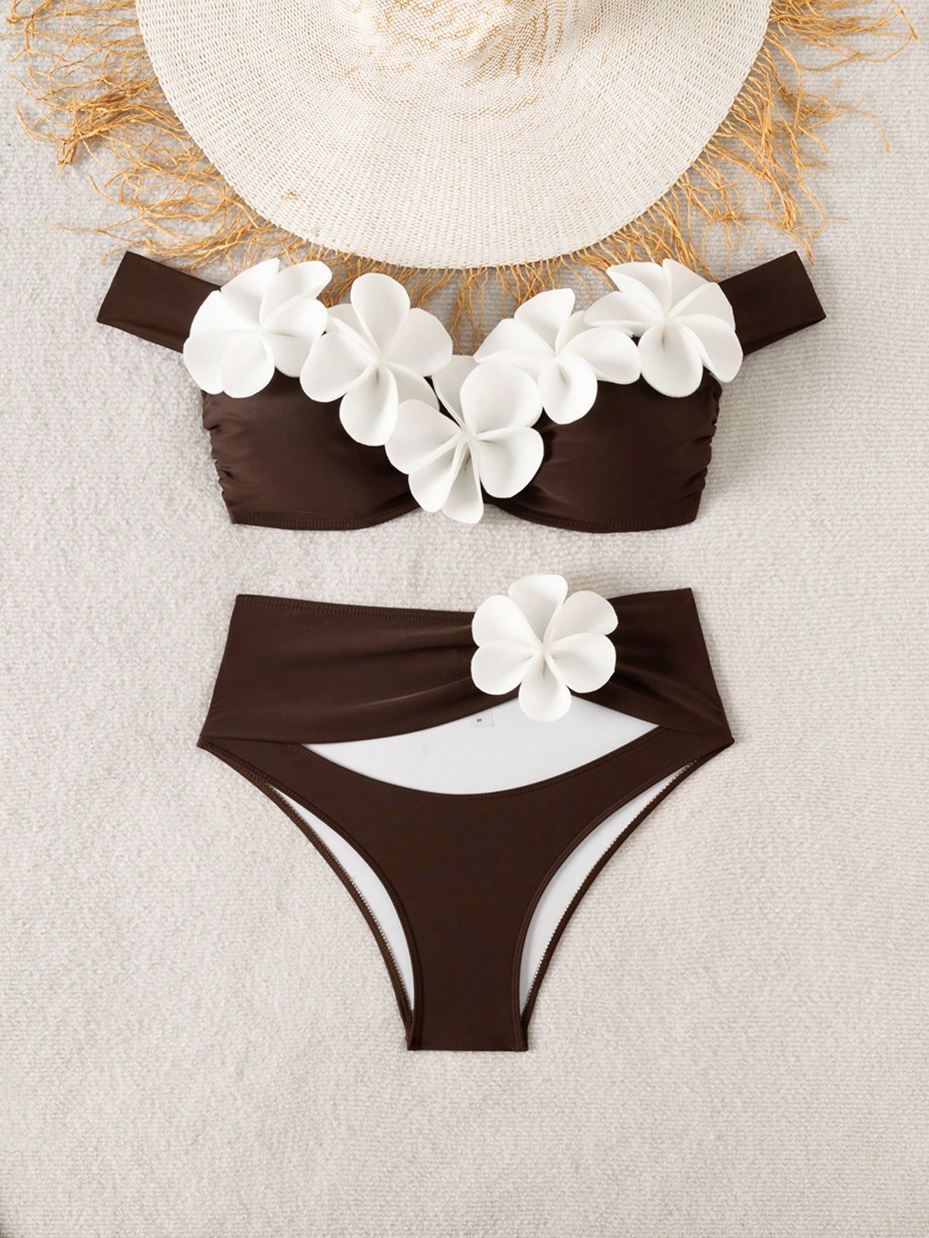 Bonvoyette Women's Brown 3D Floral Bikini,Wireless 2-Piece Set Swimwear For Summer,Tropical Beach,Holiday,Vacation,Holiday Party Pool New Year Elegant Set