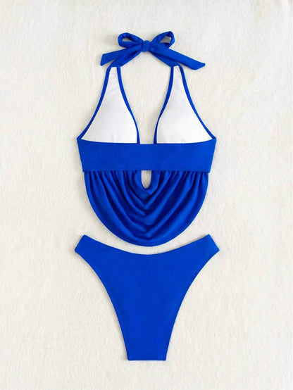Bonvoyette Women's Deep V-Neck Blue Loose Crop Top And Solid Color High Cut Bikini Bottom 2-Piece Swimwear, Casual Beach Vacation