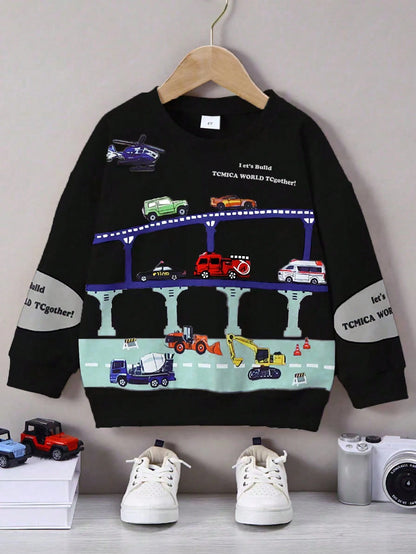 Boys 1pc Casual English Car Graphic Black & Grey Drop Shoulder Loose Lightweight Fabric Long Sleeve Sweatshirt Spring/Autumn