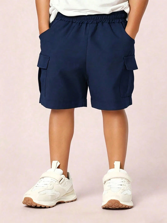 Boys' Solid Color Elastic Waist Flap Pocket Cargo Shorts, Young Boy Comfortable Casual Shorts For Daily Wear, Beach, Holiday, Travel, Relaxation, Sunbathing, Summer