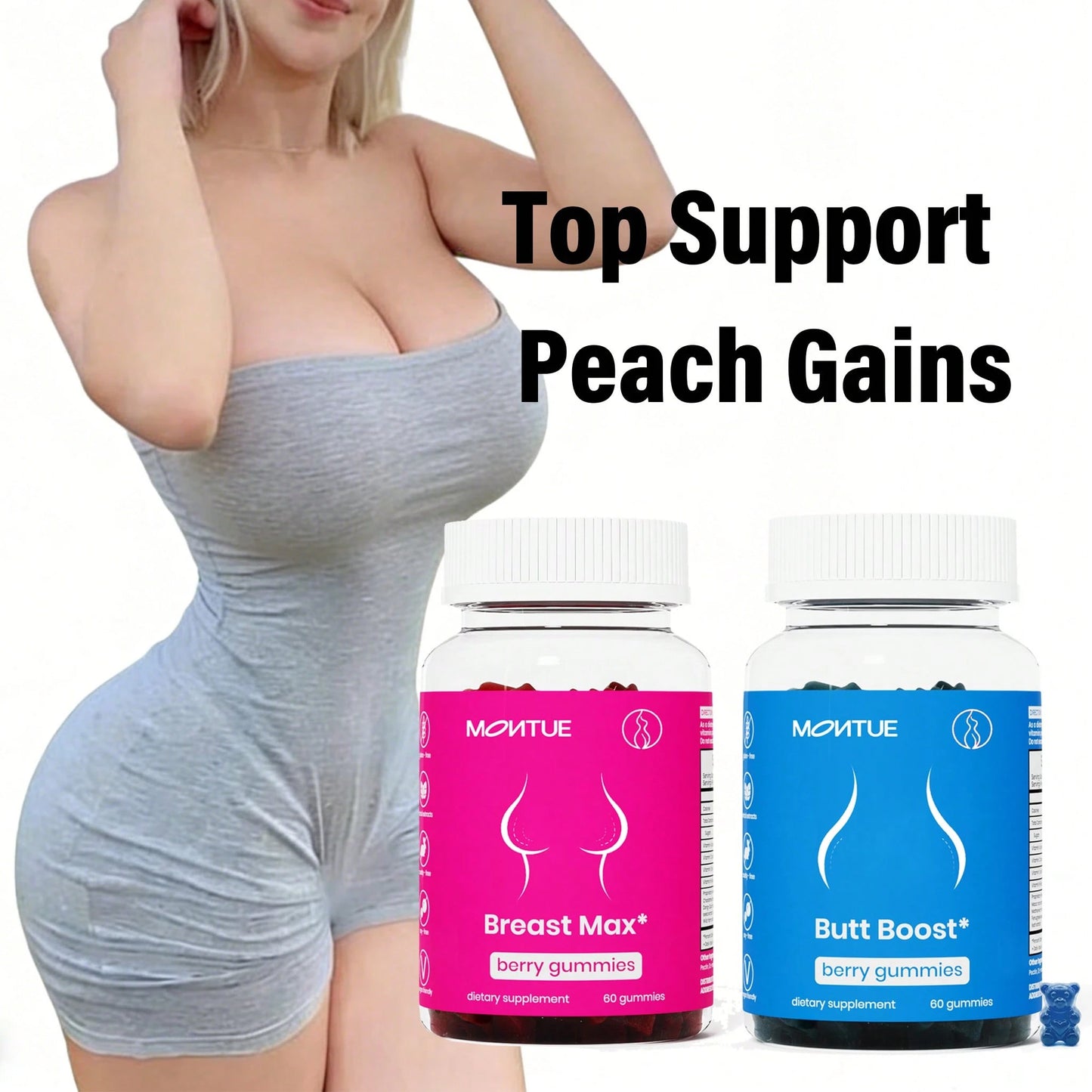 Breast Max & Butt Boost Pack Gummies For Women| Fitness Supplement| 9 Herbal Extracts Including Fenugreek, Maca Root, Fennel Seed| Essential Vitamins| Berry Flavor Gummy Bears, Bbl Gummies, Uno,Pro