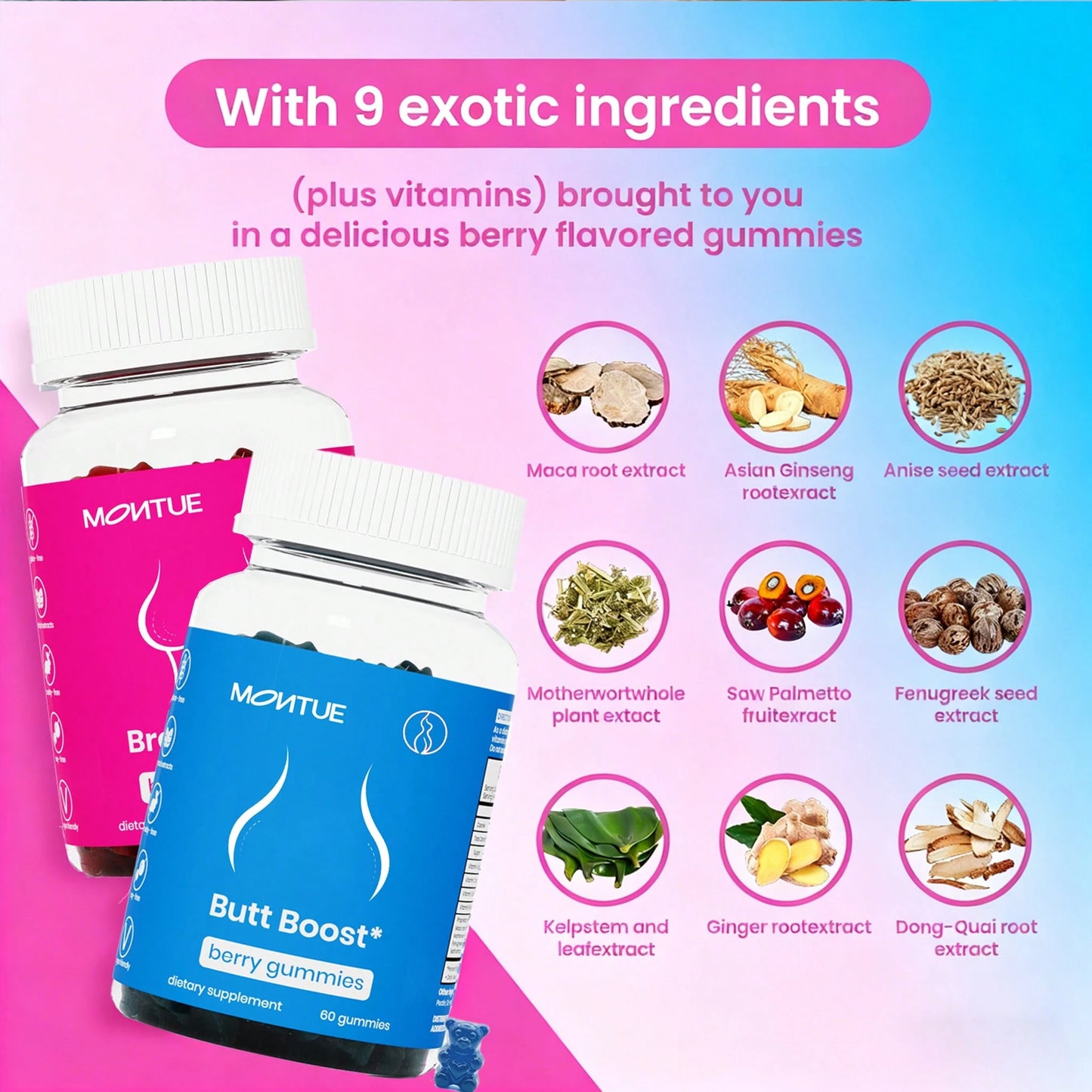 Breast Max & Butt Boost Pack Gummies For Women| Fitness Supplement| 9 Herbal Extracts Including Fenugreek, Maca Root, Fennel Seed| Essential Vitamins| Berry Flavor Gummy Bears, Bbl Gummies, Uno,Pro