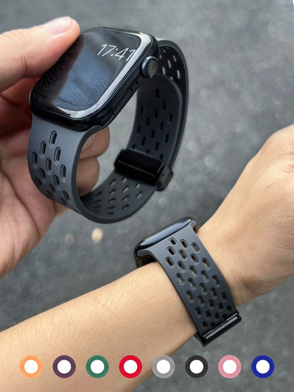 Breathable Hollow Silicone Watch Band Compatible With Apple Watch 41mm 40mm 44mm 45mm 42mm 38mm 49mm 46mm,Minimalist Apple Watch Strap Magnetic Fold Over Clasp Sports Band Compatible With Apple Watch