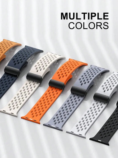 Breathable Hollow Silicone Watch Band Compatible With Apple Watch 41mm 40mm 44mm 45mm 42mm 38mm 49mm 46mm,Minimalist Apple Watch Strap Magnetic Fold Over Clasp Sports Band Compatible With Apple Watch