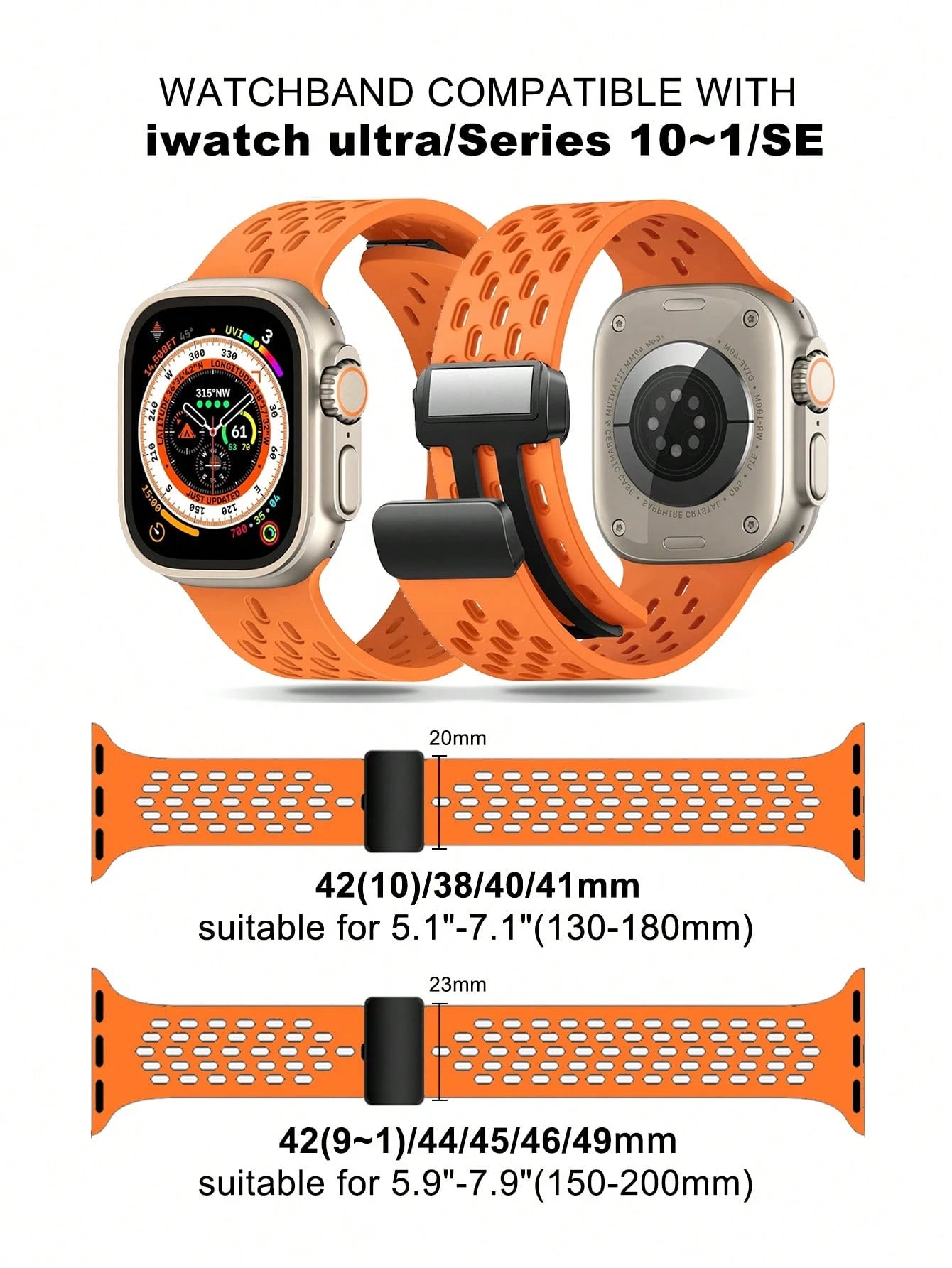 Breathable Hollow Silicone Watch Band Compatible With Apple Watch 41mm 40mm 44mm 45mm 42mm 38mm 49mm 46mm,Minimalist Apple Watch Strap Magnetic Fold Over Clasp Sports Band Compatible With Apple Watch