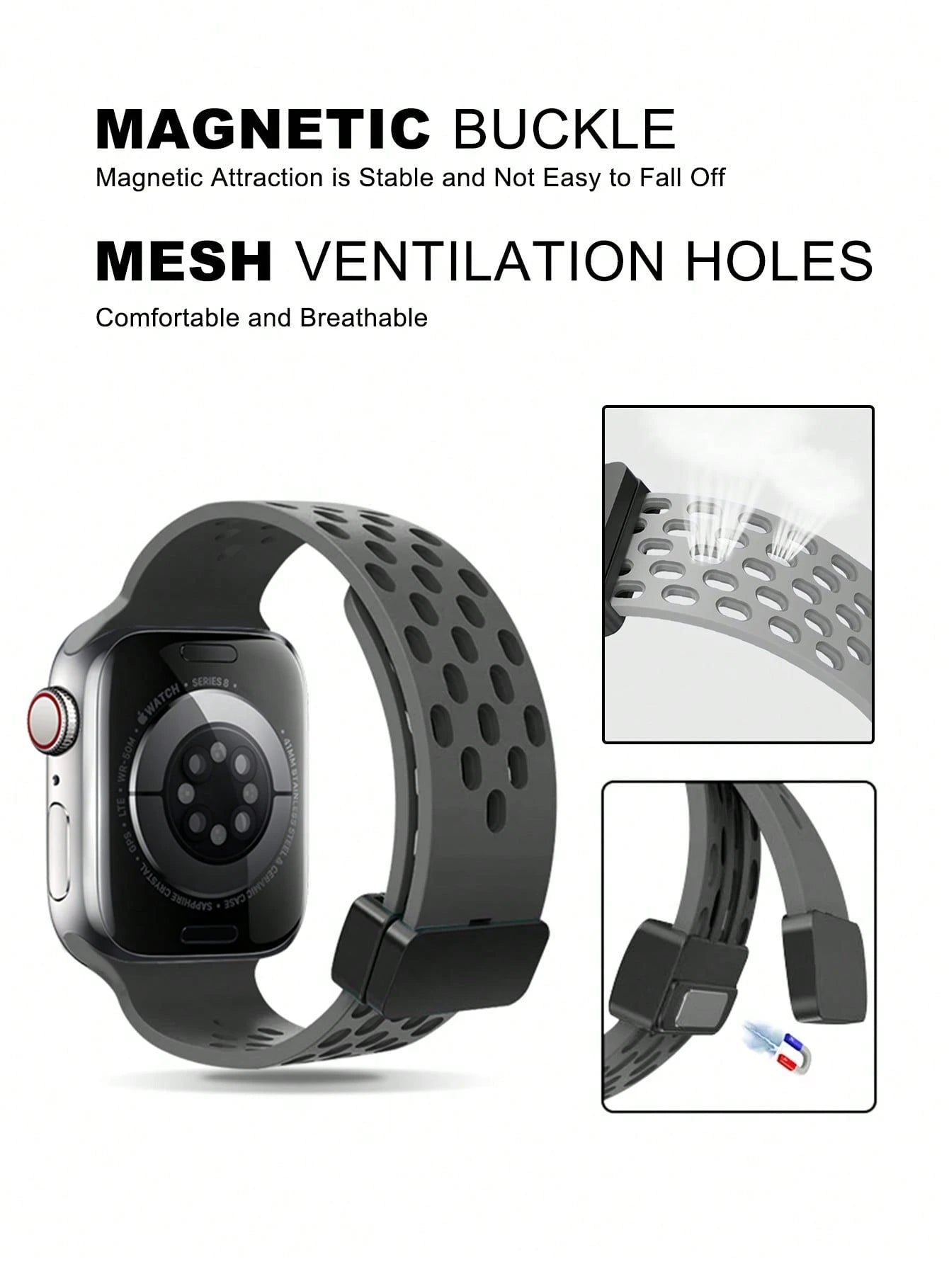 Breathable Hollow Silicone Watch Band Compatible With Apple Watch 41mm 40mm 44mm 45mm 42mm 38mm 49mm 46mm,Minimalist Apple Watch Strap Magnetic Fold Over Clasp Sports Band Compatible With Apple Watch