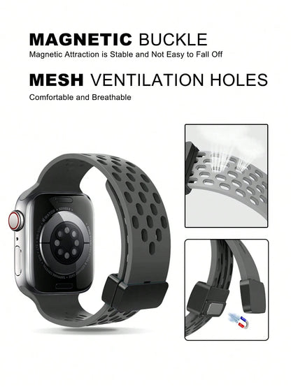 Breathable Hollow Silicone Watch Band Compatible With Apple Watch 41mm 40mm 44mm 45mm 42mm 38mm 49mm 46mm,Minimalist Apple Watch Strap Magnetic Fold Over Clasp Sports Band Compatible With Apple Watch