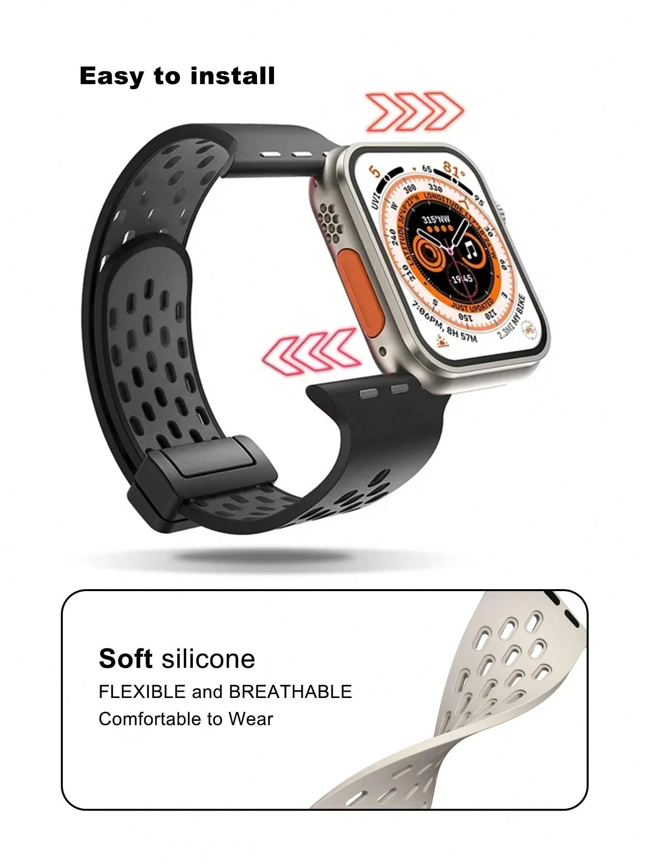Breathable Hollow Silicone Watch Band Compatible With Apple Watch 41mm 40mm 44mm 45mm 42mm 38mm 49mm 46mm,Minimalist Apple Watch Strap Magnetic Fold Over Clasp Sports Band Compatible With Apple Watch