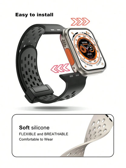 Breathable Hollow Silicone Watch Band Compatible With Apple Watch 41mm 40mm 44mm 45mm 42mm 38mm 49mm 46mm,Minimalist Apple Watch Strap Magnetic Fold Over Clasp Sports Band Compatible With Apple Watch