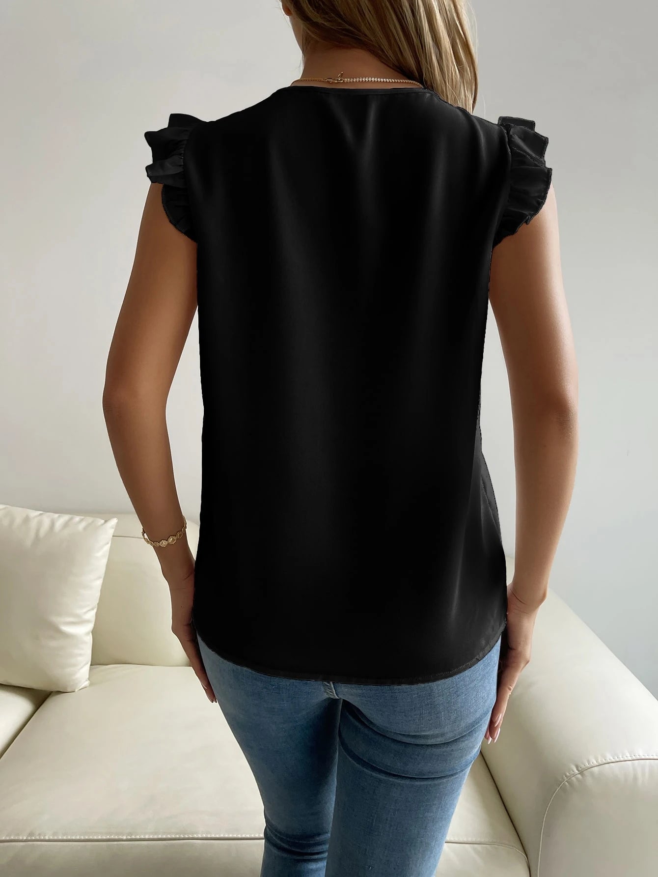 Breezaya Guipure Lace Panel Ruffle Trim Blouse