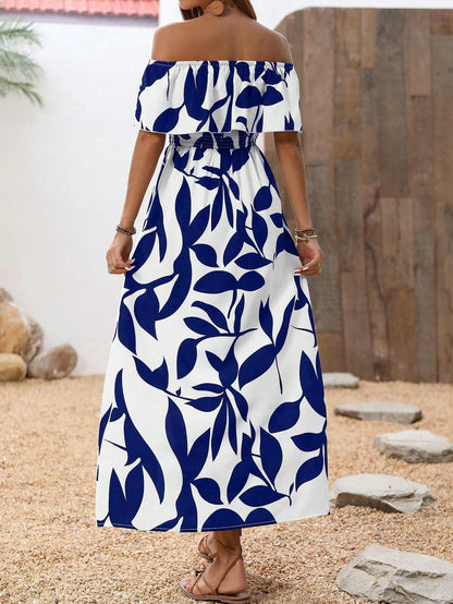 Breezaya Summer Vacation Casual Off-Shoulder Split Leaf Print Dress