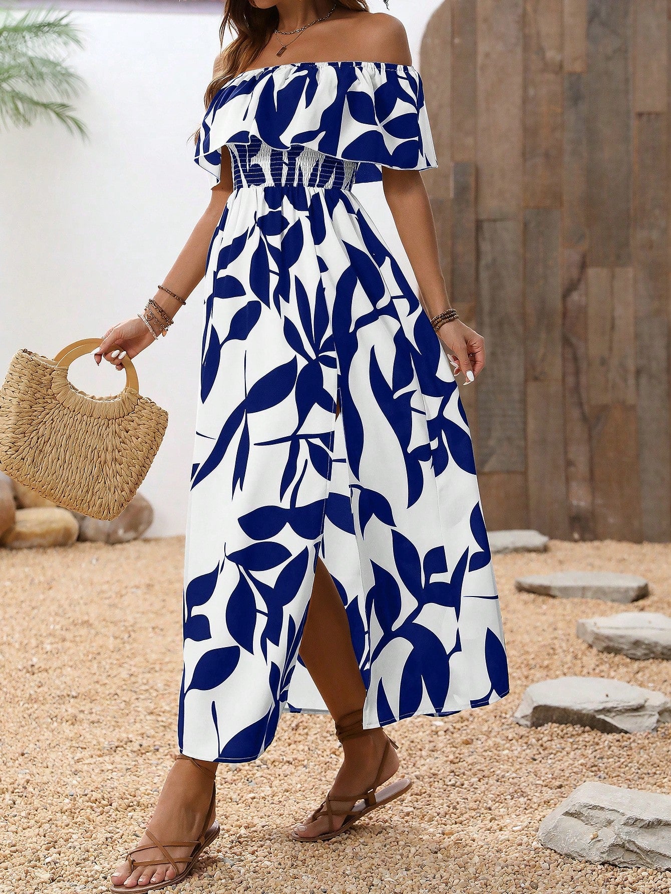 Breezaya Summer Vacation Casual Off-Shoulder Split Leaf Print Dress