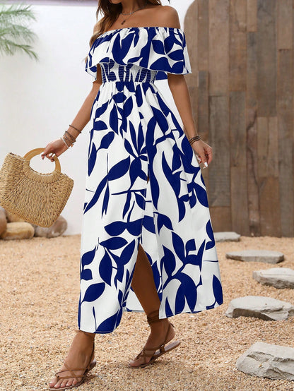 Breezaya Summer Vacation Casual Off-Shoulder Split Leaf Print Dress