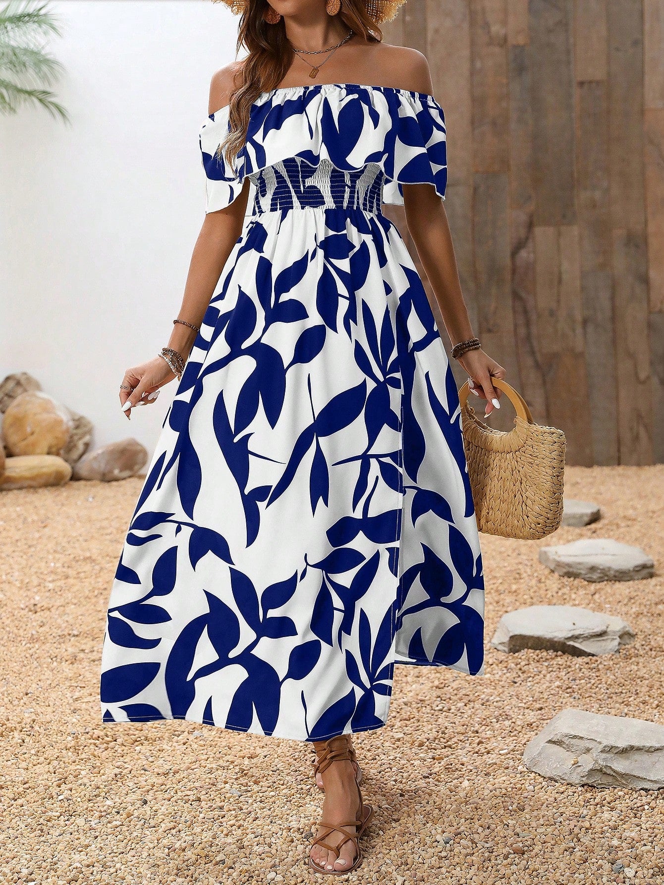 Breezaya Summer Vacation Casual Off-Shoulder Split Leaf Print Dress