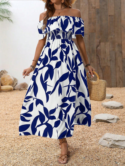 Breezaya Summer Vacation Casual Off-Shoulder Split Leaf Print Dress