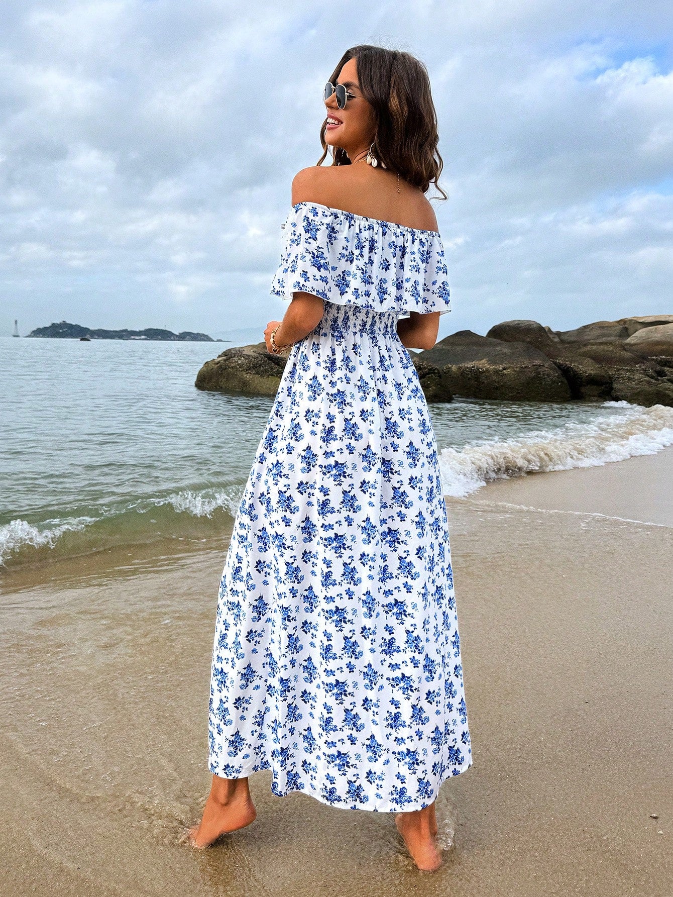 Breezaya Summer Vacation Casual Off-Shoulder Split Leaf Print Dress