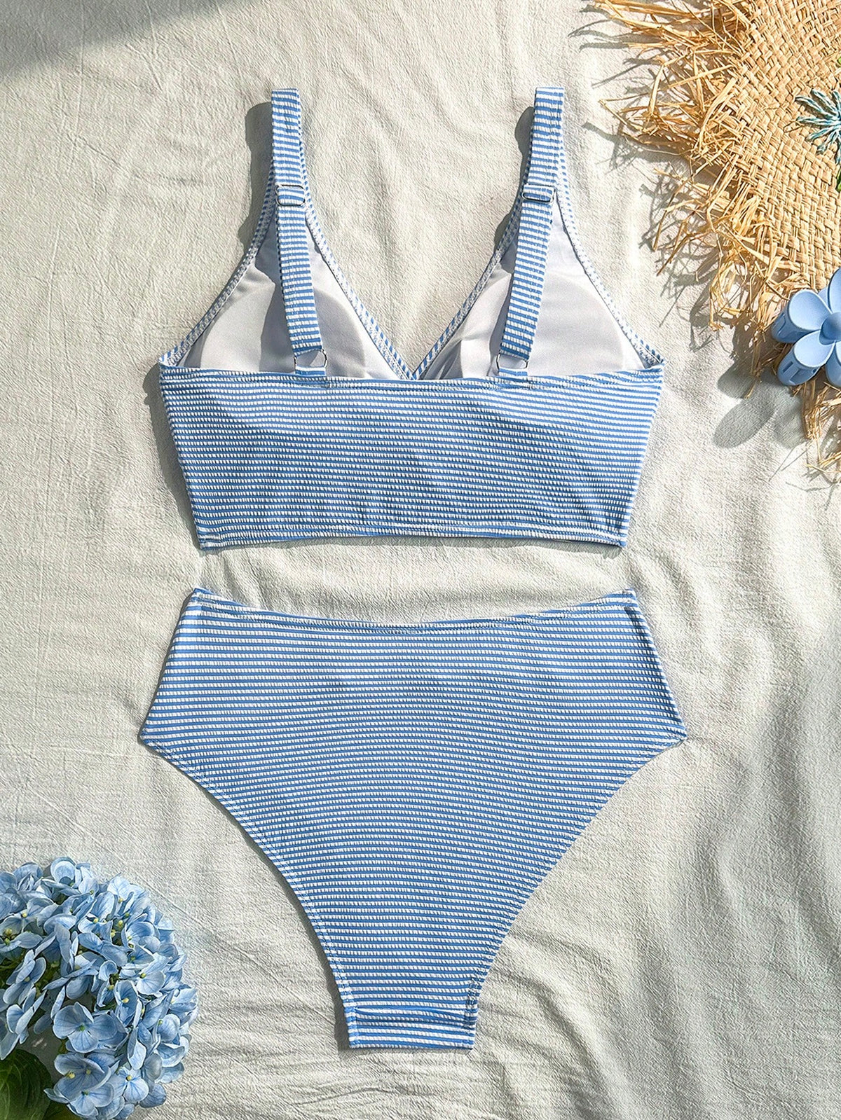 Breezaya Women's Summer Beach Vacations Blue And White Striped Knotted Bikini Set,Modest High-Waisted Two-Piece Swimsuit