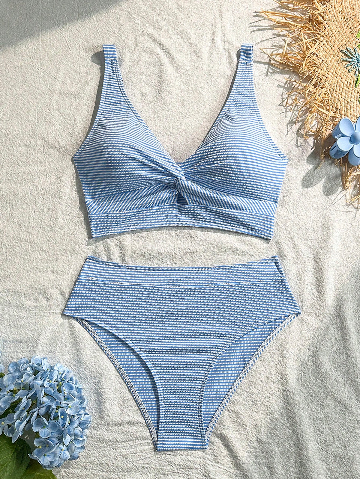 Breezaya Women's Summer Beach Vacations Blue And White Striped Knotted Bikini Set,Modest High-Waisted Two-Piece Swimsuit