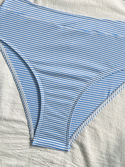 Breezaya Women's Summer Beach Vacations Blue And White Striped Knotted Bikini Set,Modest High-Waisted Two-Piece Swimsuit