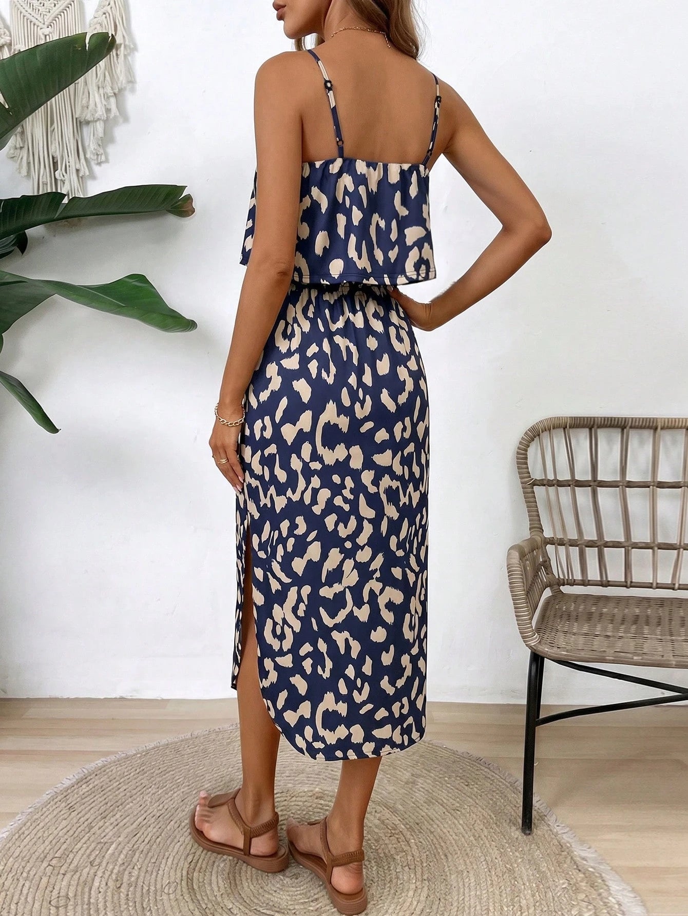 Breezaya Women's Summer Casual Spaghetti Strap Dress With Tie Waist, Side Split Hem Maxi Women Outfit